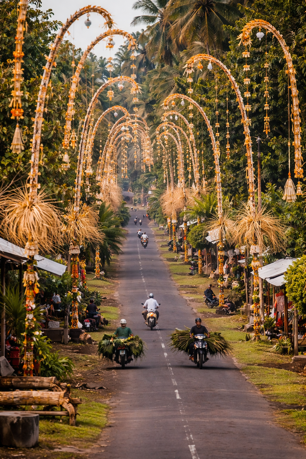 Bali temple ceremony in spring — offerings and incense at a Balinese Hindu temple