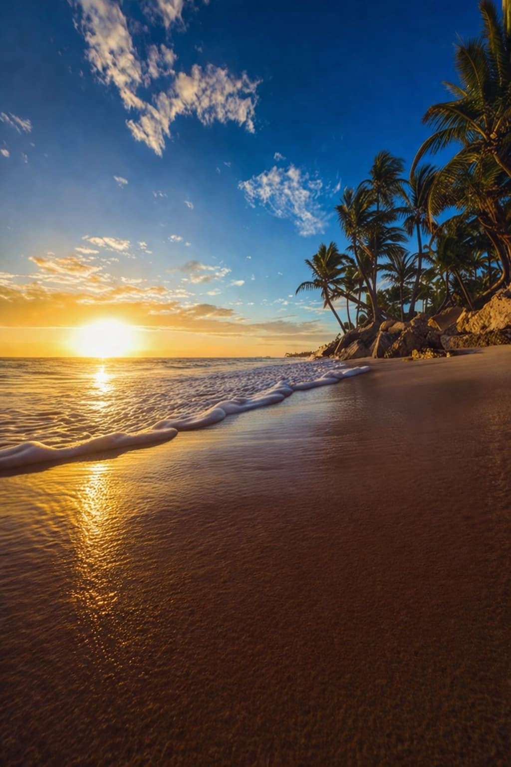 Barbados beach at sunset with palm trees