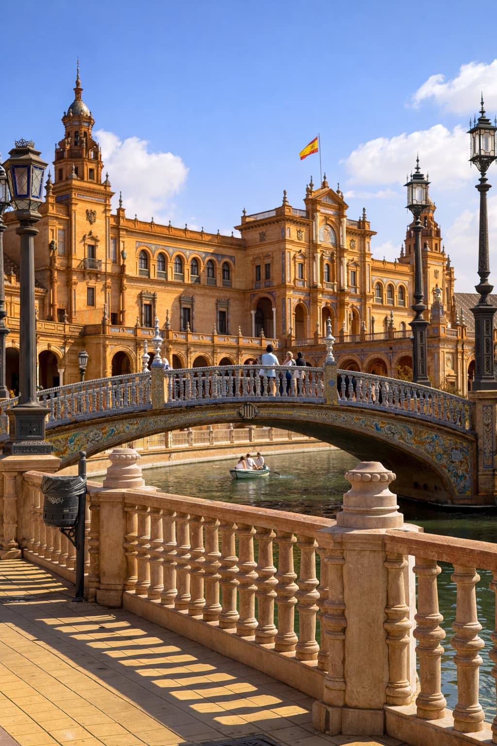 Plaza de España Seville with ornate tiled bridge arching over the canal, Spanish flag flying above the baroque pavilion — a top birthday trip destination