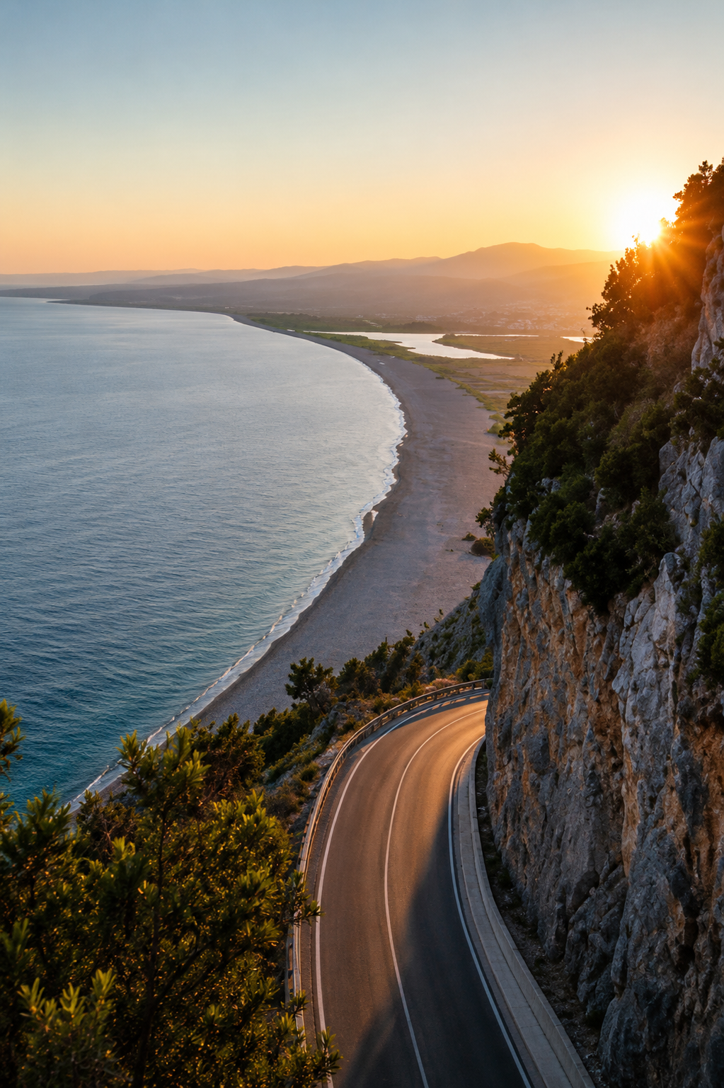 Albania travel — coastal road SH8 on the Albanian Riviera at sunset