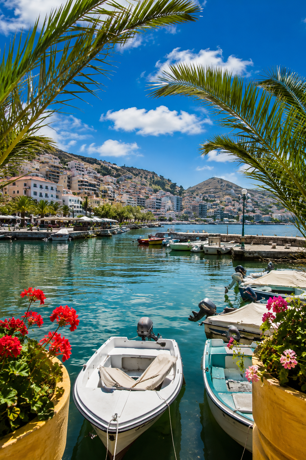 Albania travel — Saranda harbour with fishing boats on the Albanian Riviera