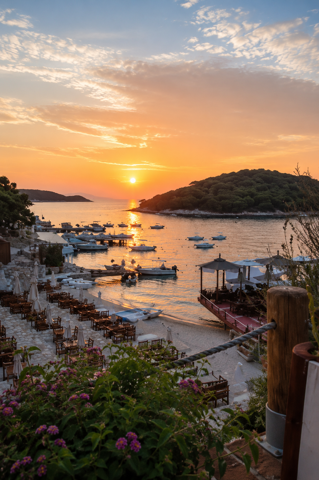 Sunset over a quiet cove on the Albanian Riviera with beach restaurants