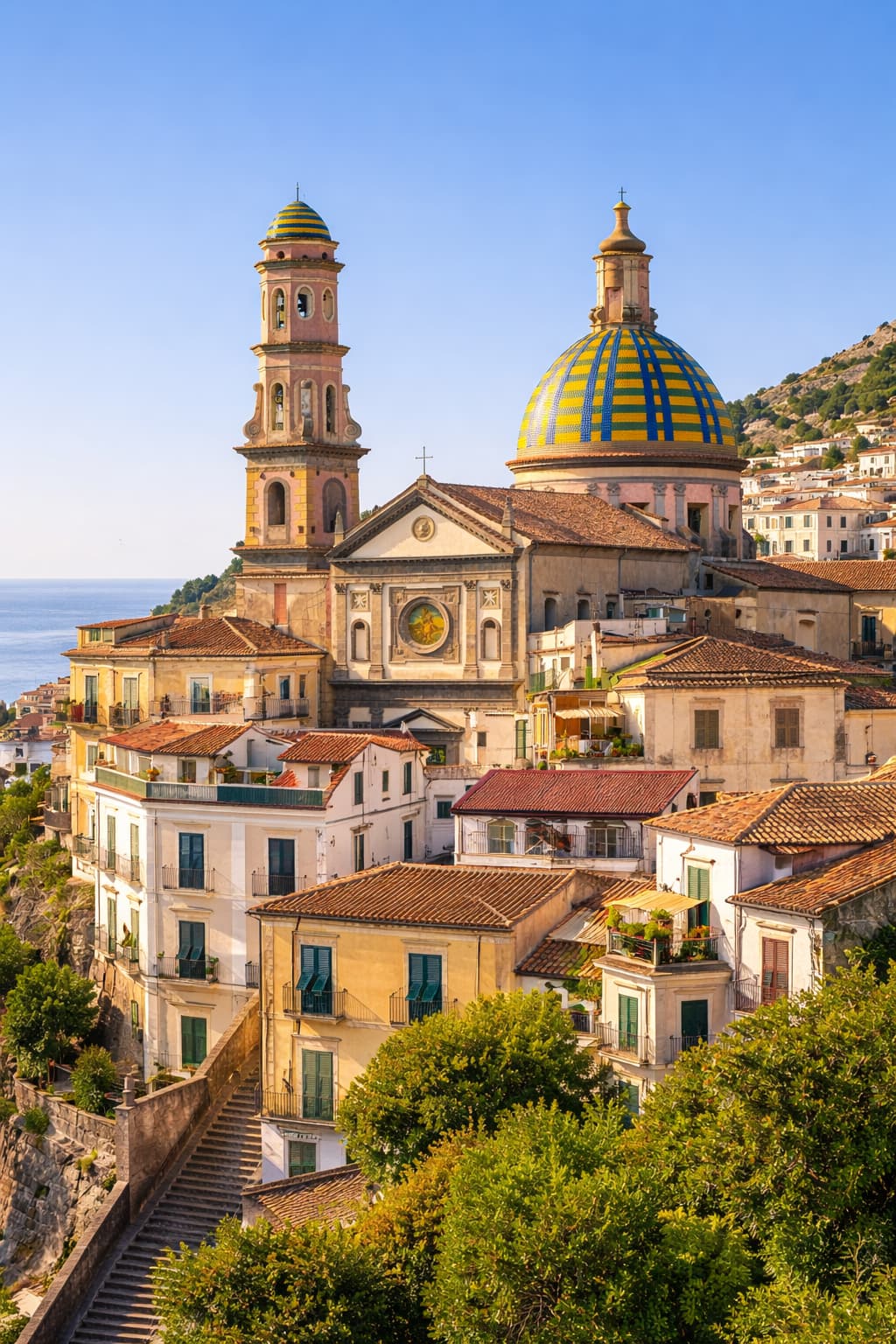Vietri sul Mare church dome and rooftops viewed from above, Amalfi Coast day trip entry point