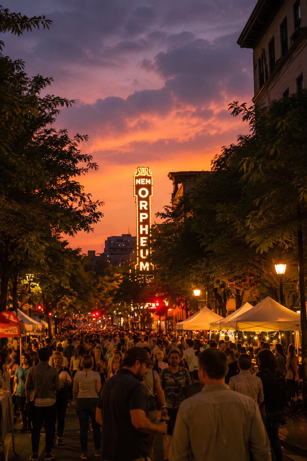 crowded street festival at night with glowing theatre sign and orange sky
