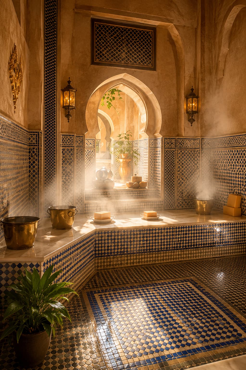traditional hammam interior with steam, mosaic tiles and golden light — solo retreat day