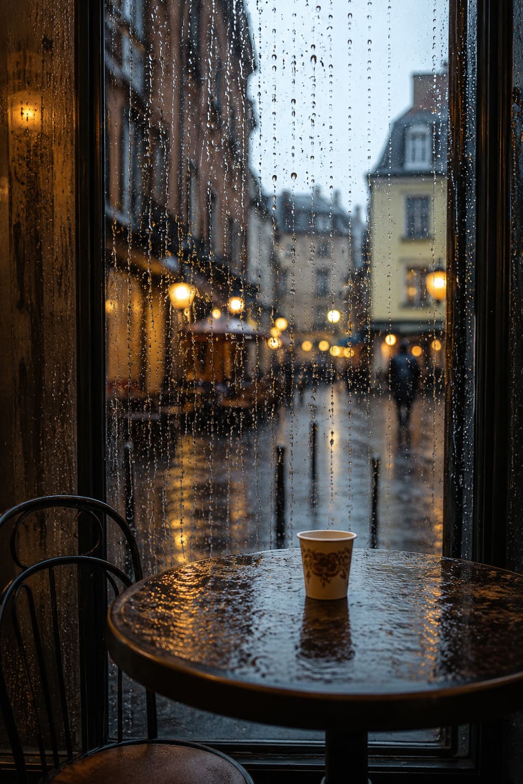solo traveler in a café watching rain on cobblestones — solo travel bucket list experience at dusk
