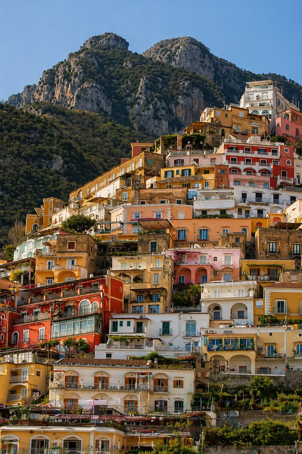 Colourful houses stacked on the hillside above Positano, one of the most photographed Amalfi Coast towns