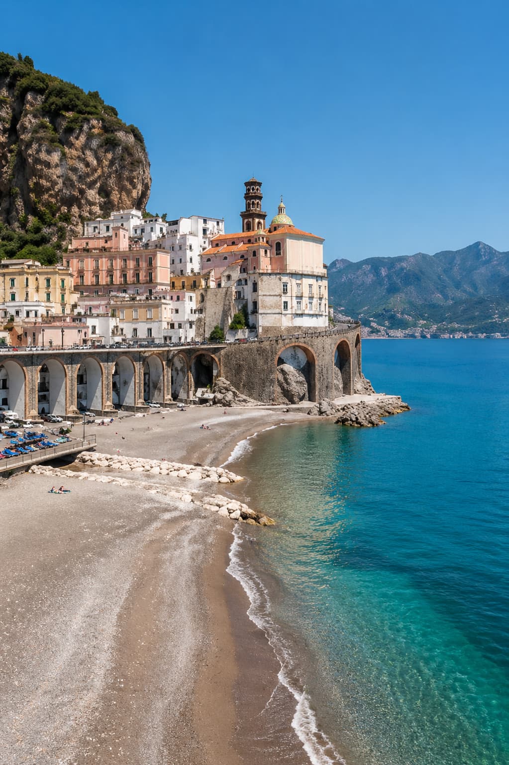 Atrani beach and stone arched viaduct viewed from the sea, one of the smallest and least-visited Amalfi Coast towns