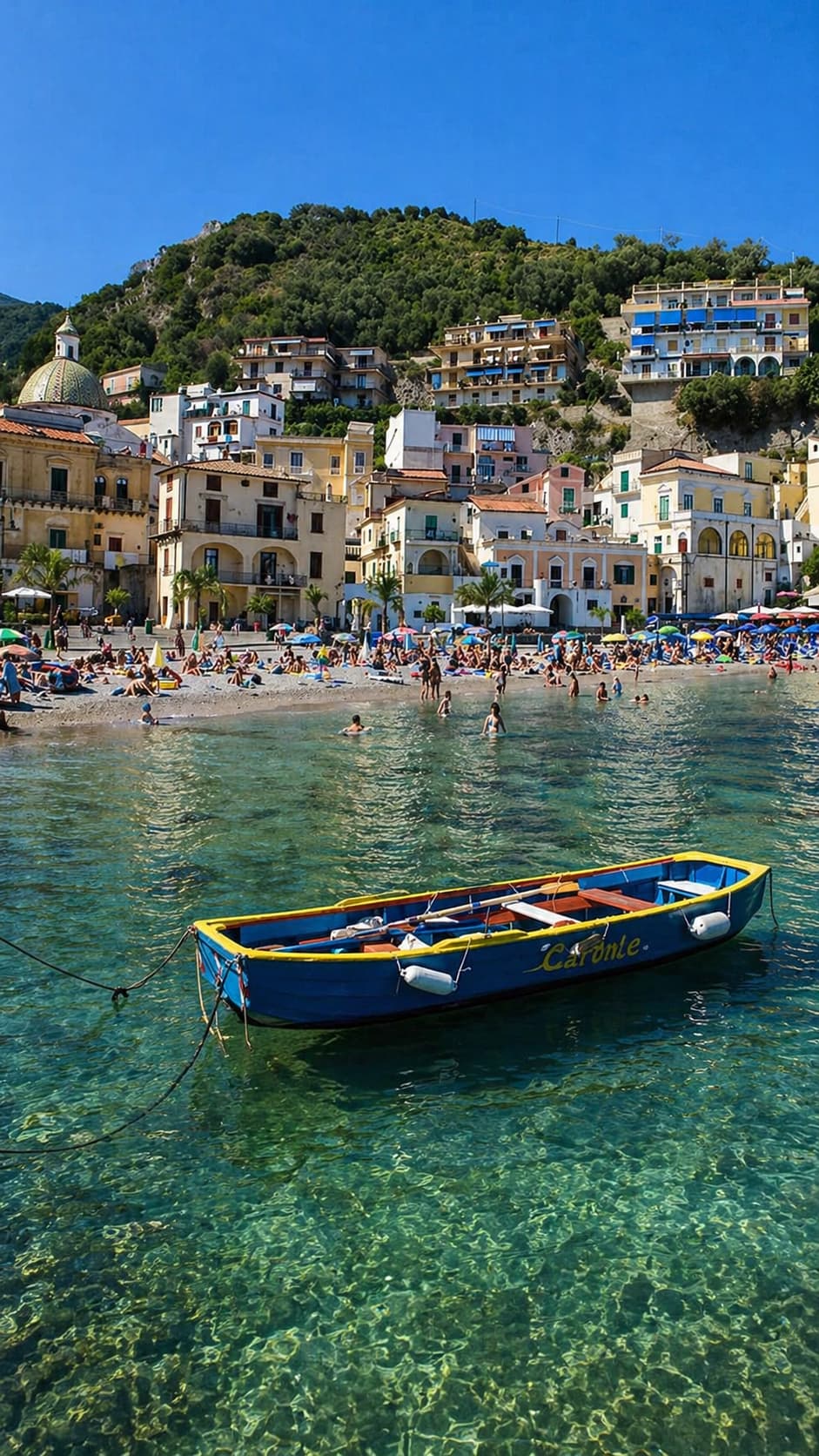 Blue fishing boat anchored in clear water with Vietri sul Mare townscape and hills behind