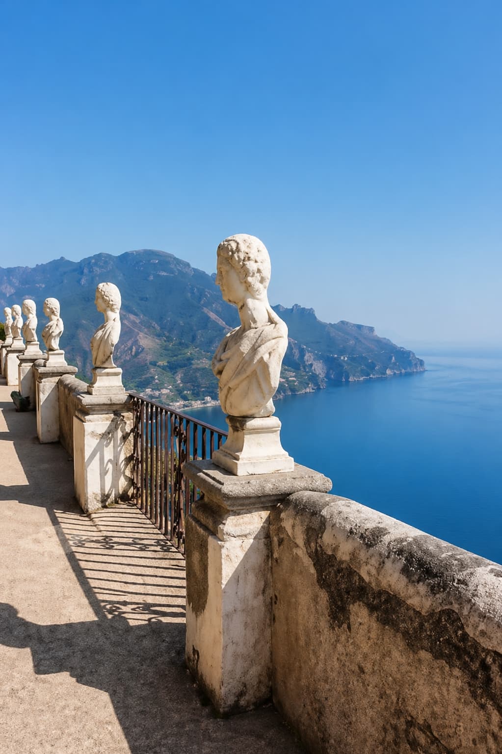 Classical marble busts along the Terrazza dell'Infinito at Villa Cimbrone in Ravello, inland above the Amalfi Coast towns
