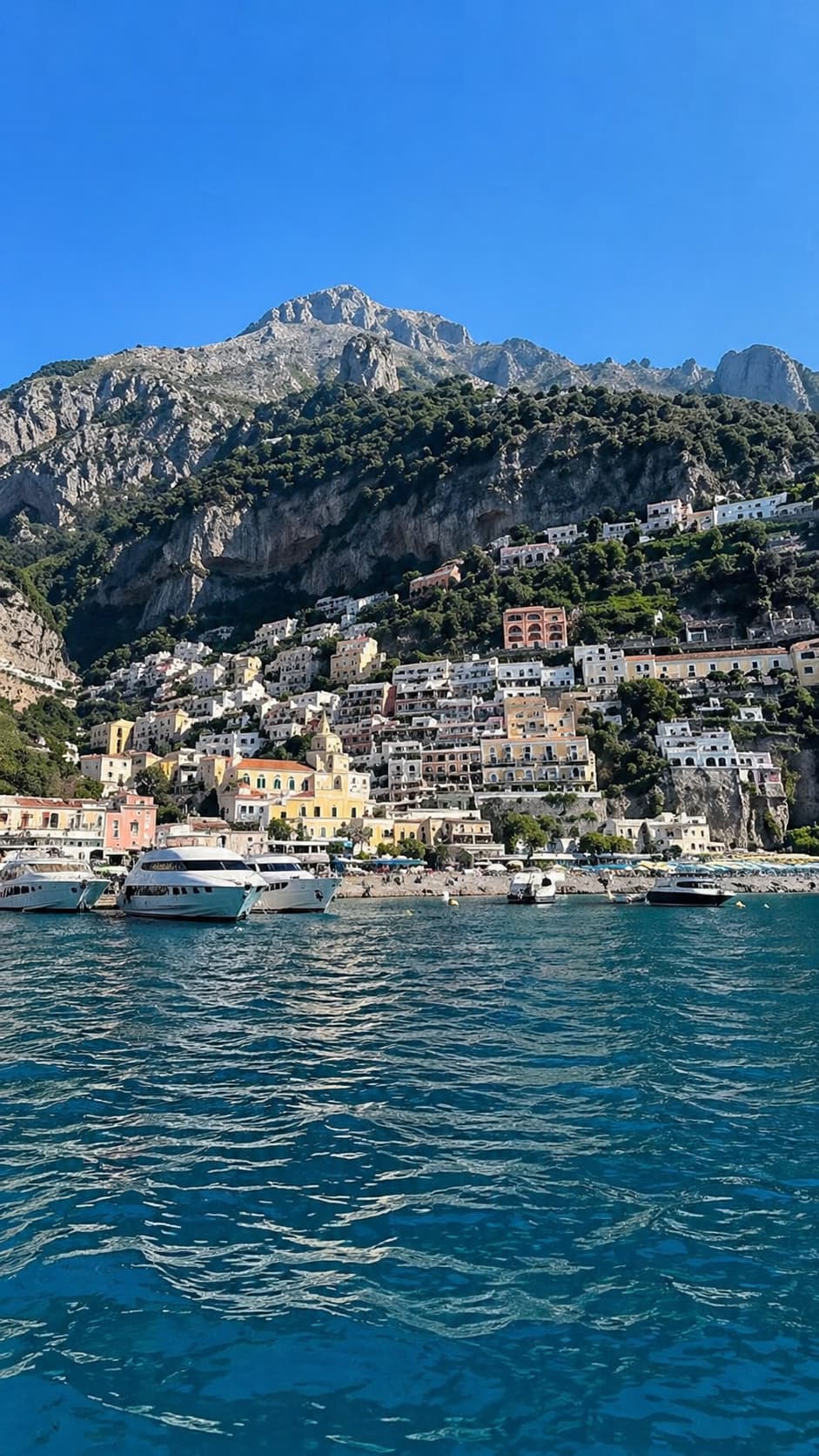 Positano viewed from the sea on the ferry approach, the best way to arrive at the western Amalfi Coast towns