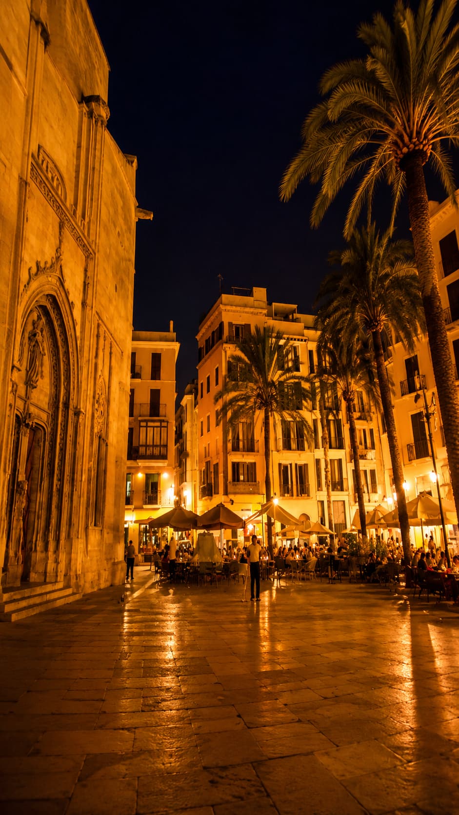 Palm-lined promenade at night in Palma — Mallorca travel guide evenings