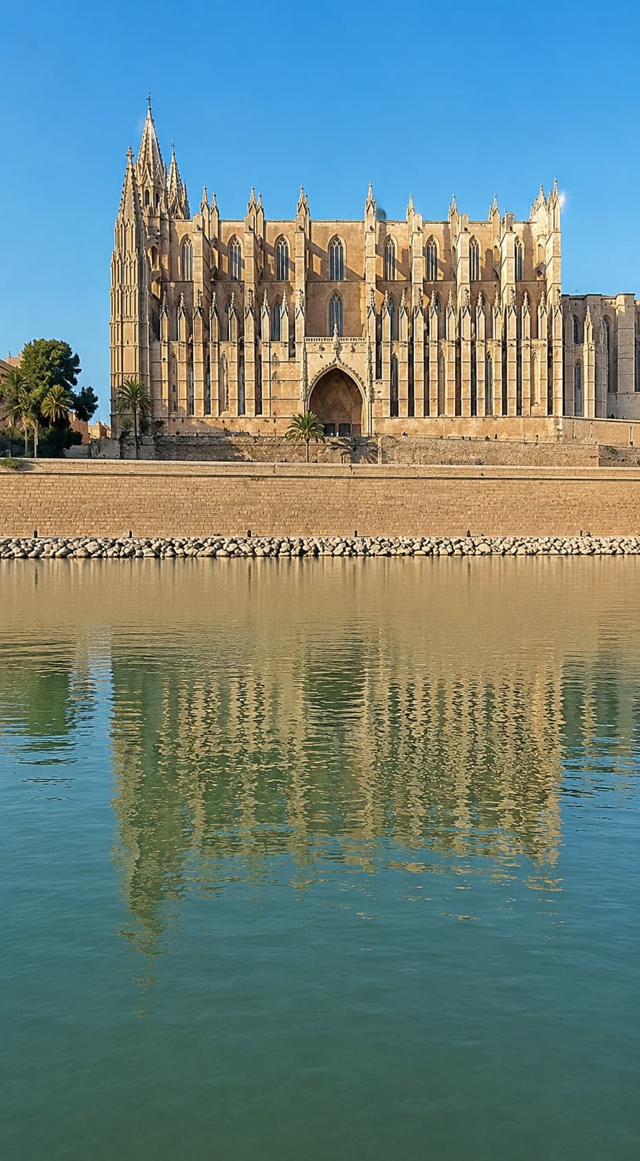 La Seu Cathedral reflected in the moat — Palma de Mallorca travel guide