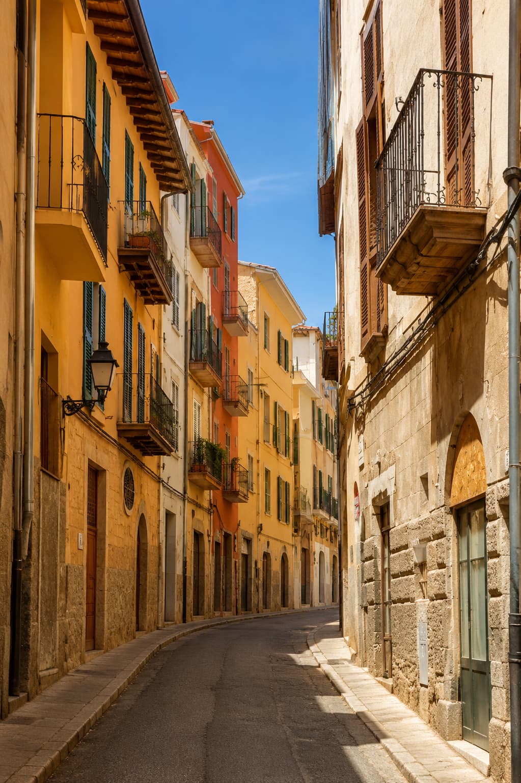 Narrow sunlit street in Palma's Old Town — Mallorca travel guide