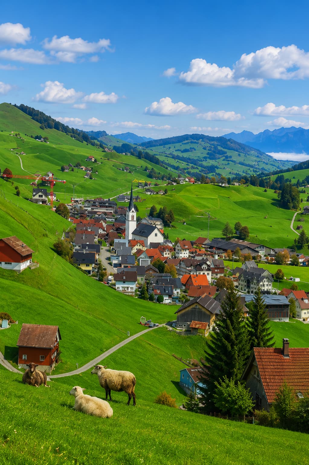 Alpine village with red-roofed houses and a church spire, sheep grazing on green hillside pastures