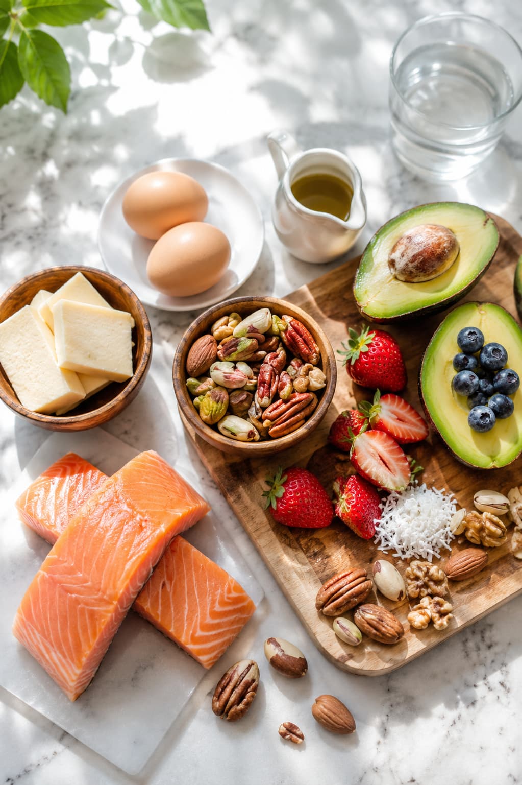 Therapeutic meal of salmon, eggs, mixed nuts, avocado and berries on marble, typical of solo wellness retreats in Europe