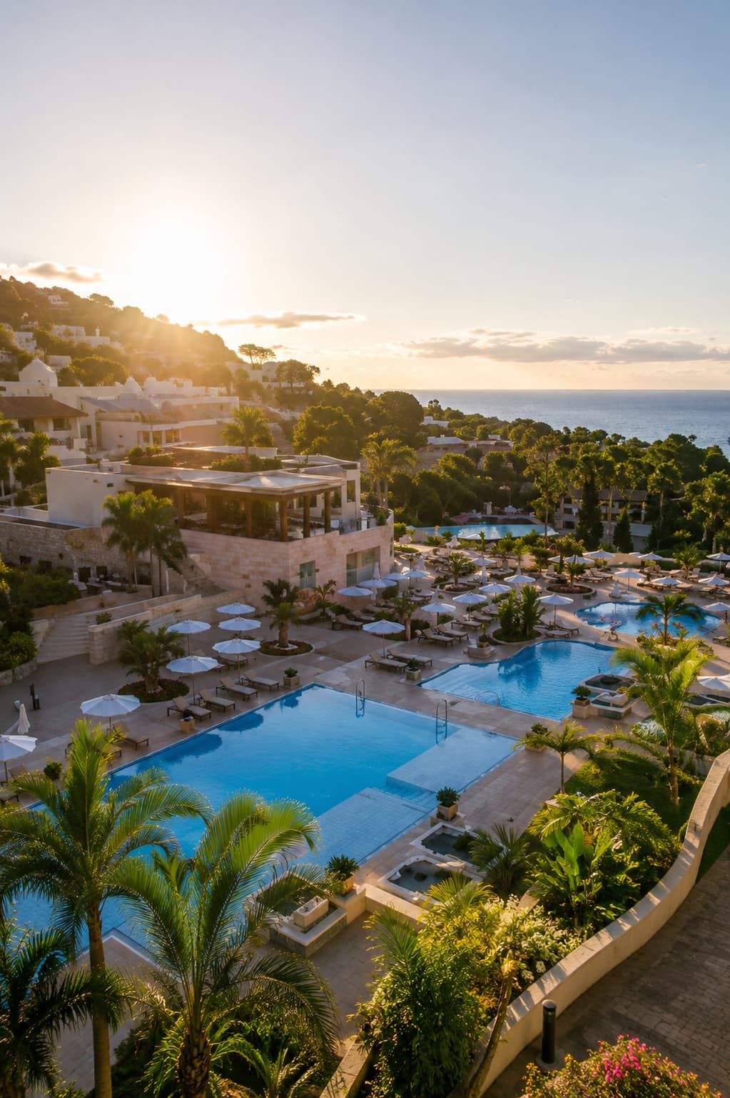Spanish wellness resort with terraced pools, palm trees and sun loungers above the Mediterranean at sunset