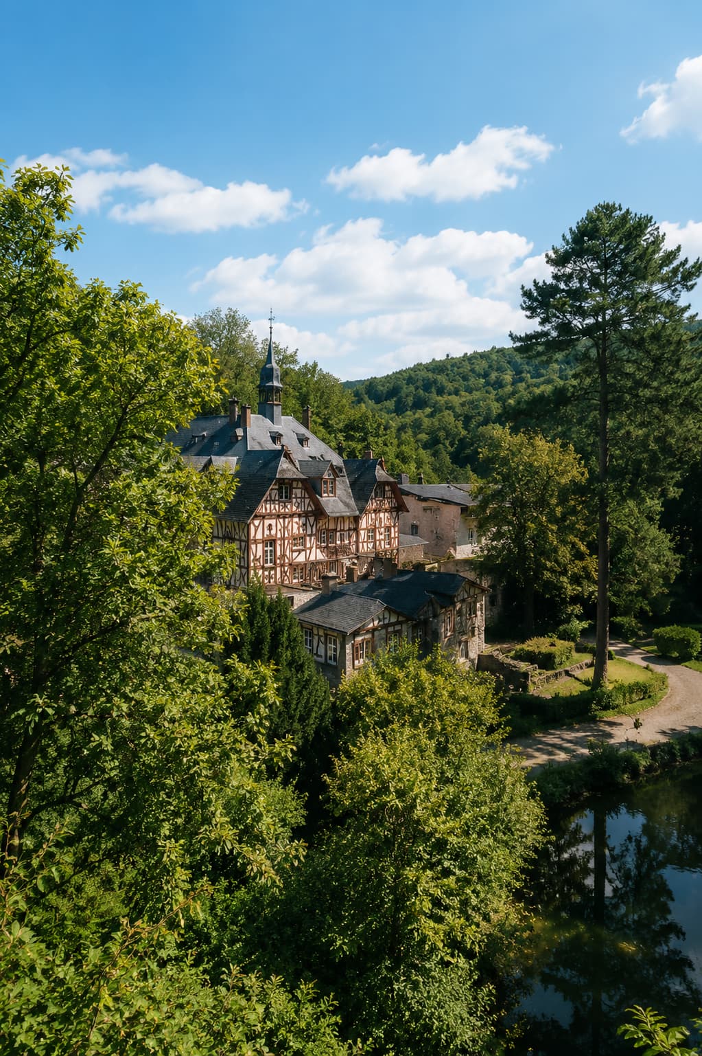 Half-timbered manor-house Ayurveda retreat surrounded by forest and a pond in Germany's Moselle valley
