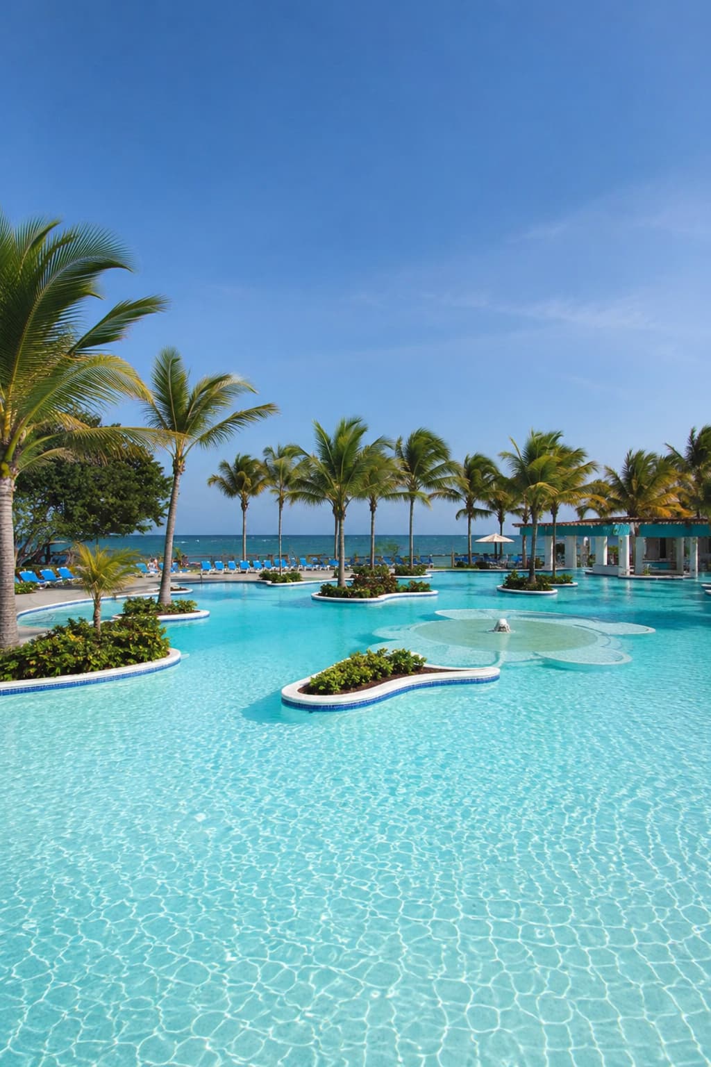 Large turquoise resort pool ringed by palm trees and sun loungers under a clear blue sky