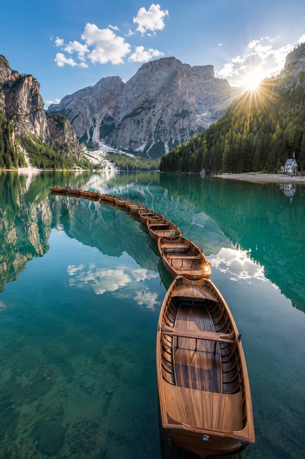Lago di Braies rowboats and Dolomite peaks in northern Italy