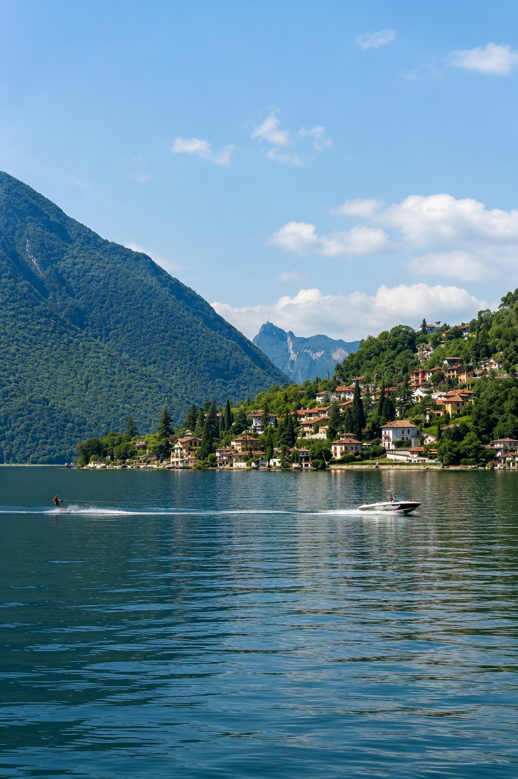 Lake Lugano with boats and wooded hills on the Swiss-Italian border