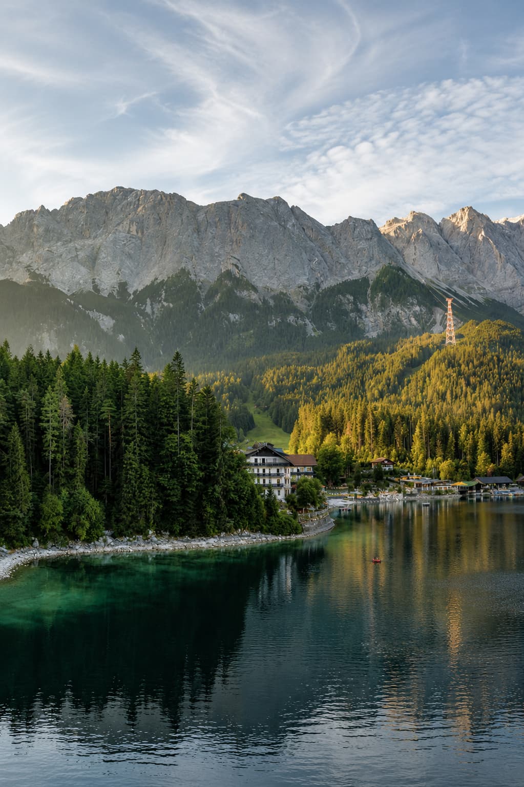 Eibsee turquoise water beneath the Zugspitze in Germany