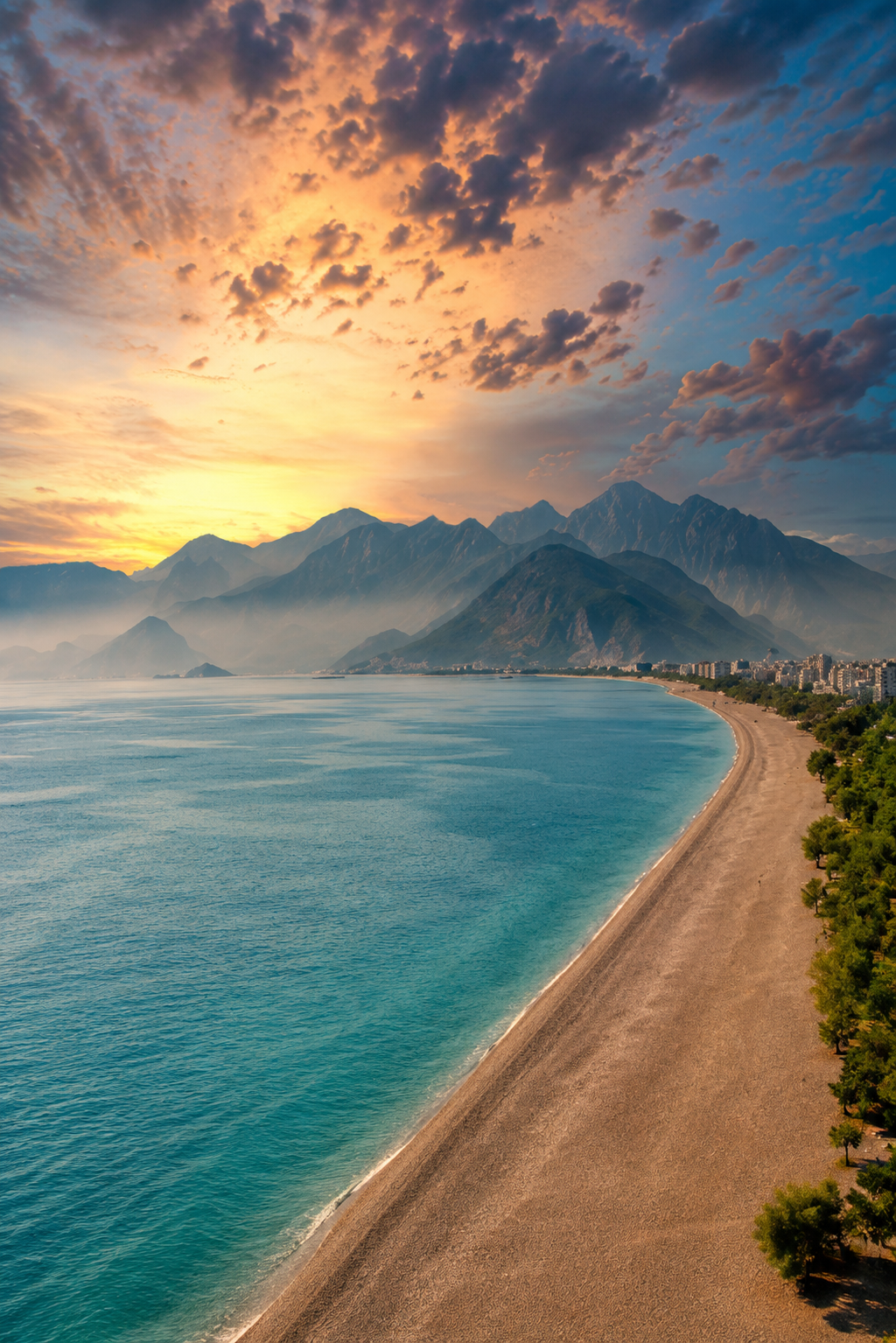 Sunset at Konyaaltı Beach with the Taurus Mountains — the kind of view that makes Antalya worth visiting