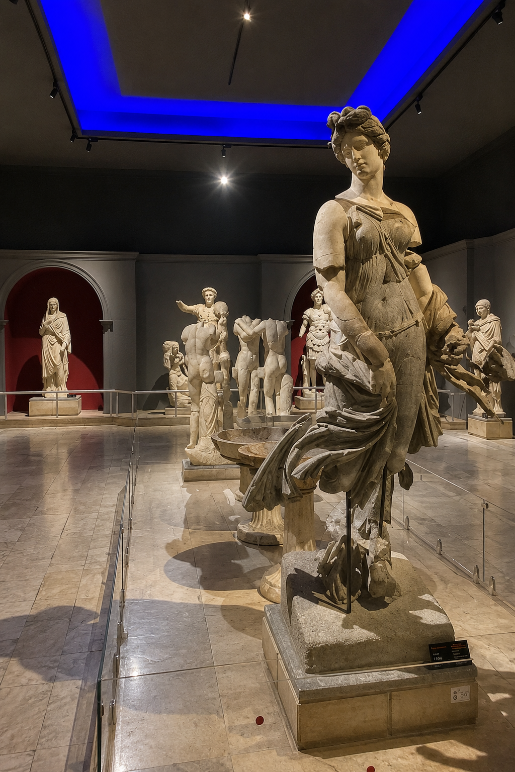 Roman-era statues inside the Antalya Archaeological Museum, currently closed for rebuilding