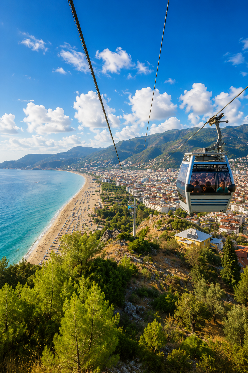Cable car ascending above a long sandy beach and coastal mountains on Turkey's Mediterranean coast