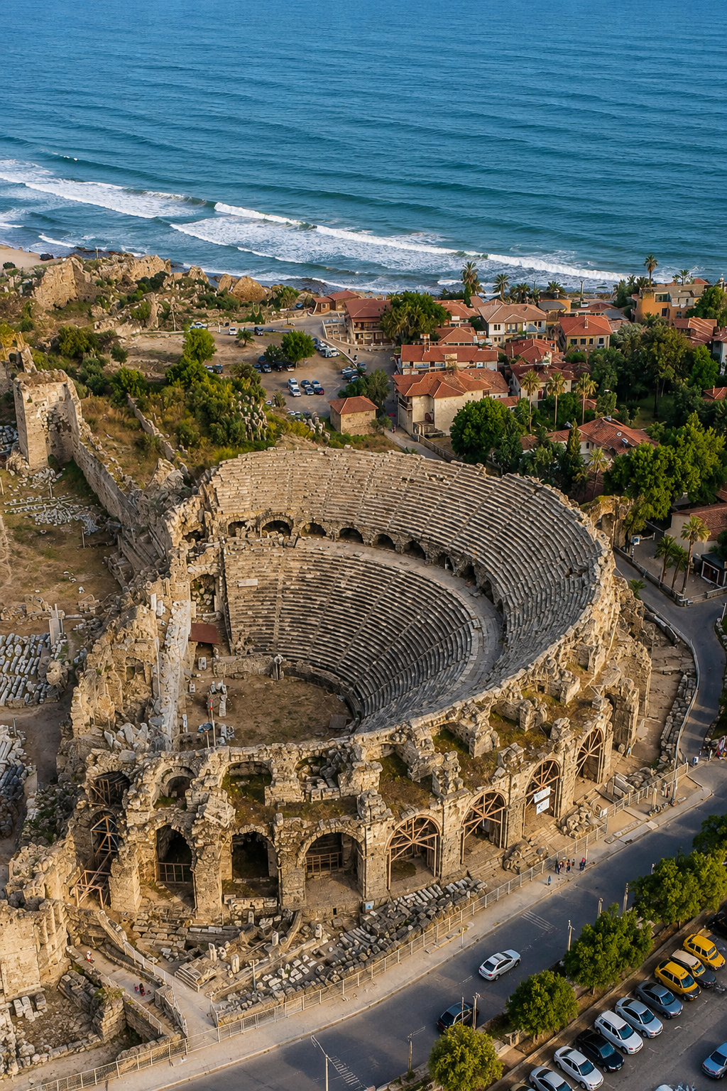 Aerial view of the ancient theatre at Side, a day trip that adds to why Antalya is worth visiting