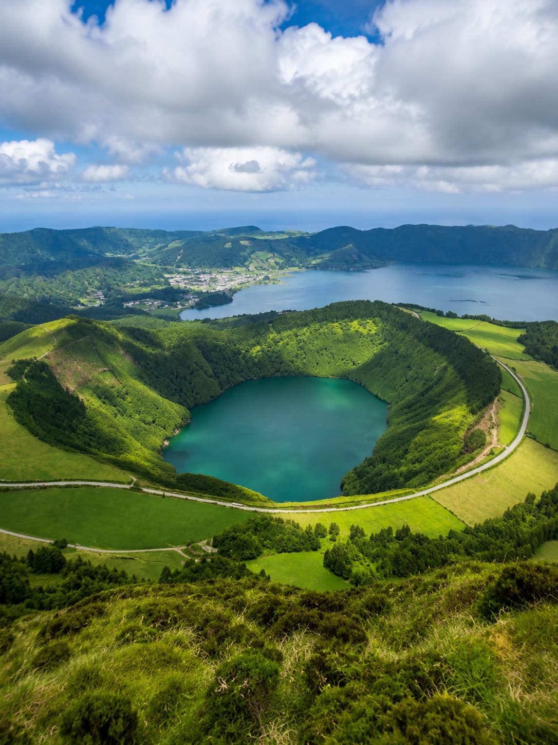 Azores travel guide view of the green and blue twin crater lakes of Sete Cidades from a viewpoint on São Miguel