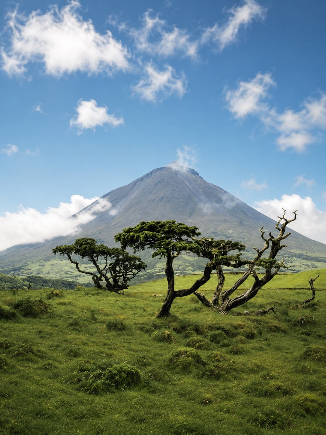 The volcanic cone of Pico mountain rising behind windswept trees and green pasture in the Azores