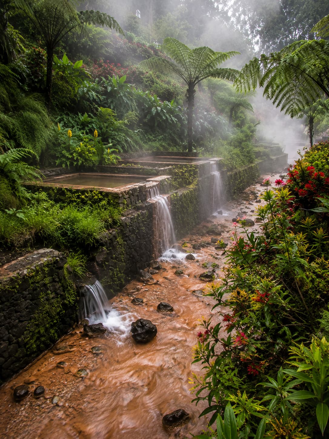 Azores travel guide to the hot springs: iron-orange thermal water and stone soaking pools at Poça da Dona Beija in Furnas, São Miguel