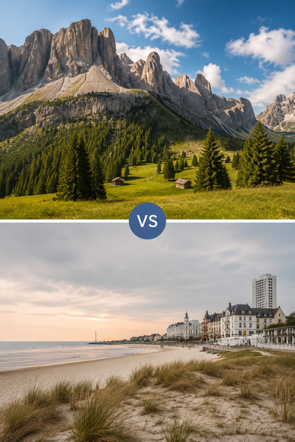 Split image comparing cool Alpine coolcation destinations in Europe against a hazy lowland beach resort