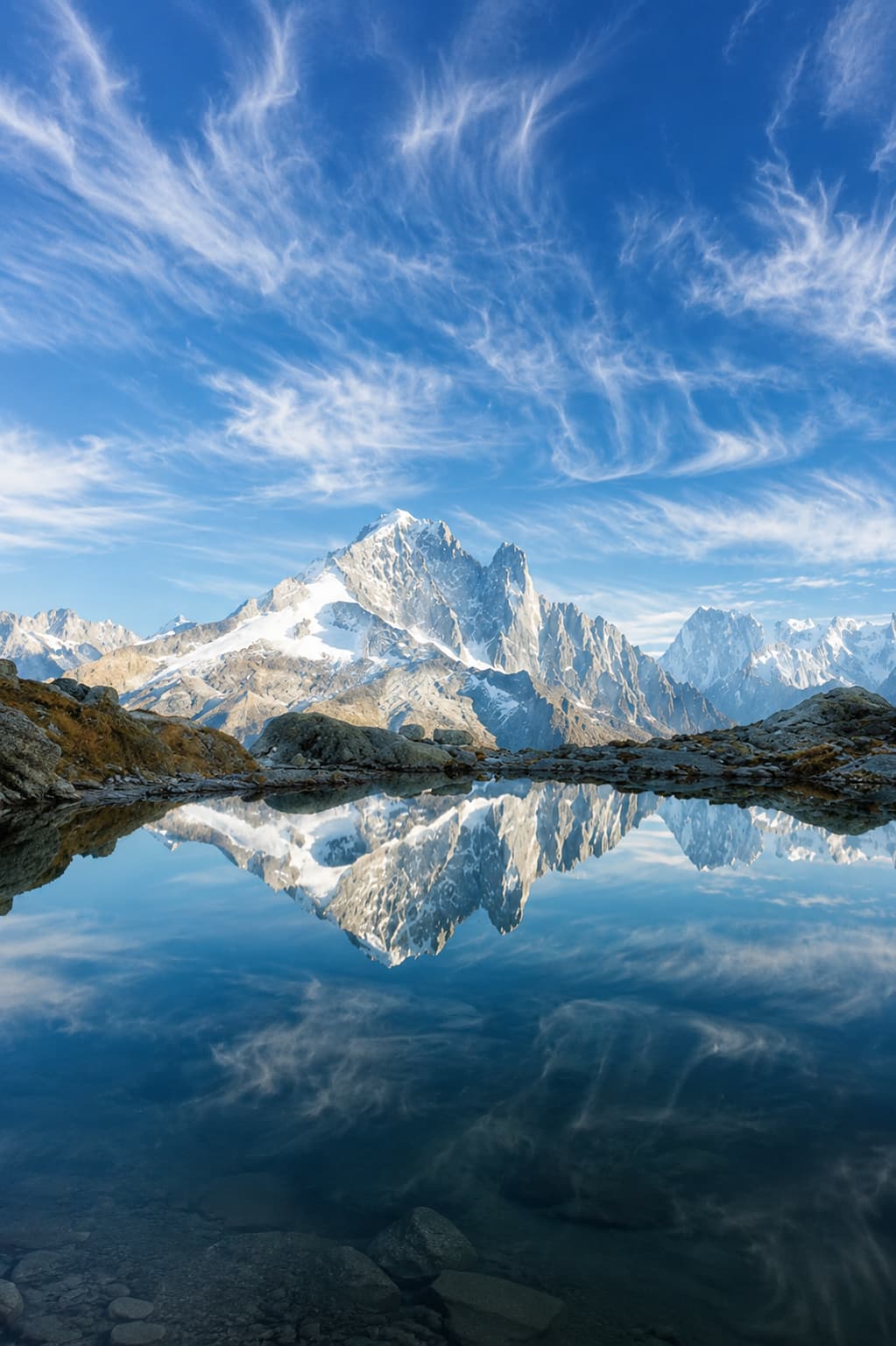Glacier and snow-capped peaks of the Mont Blanc range reflected in a still alpine tarn in the French Alps