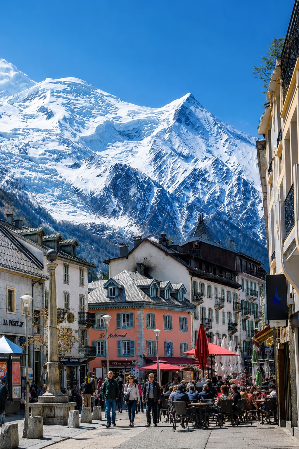 Chamonix town square with café terraces below the snow-covered Mont Blanc massif in France