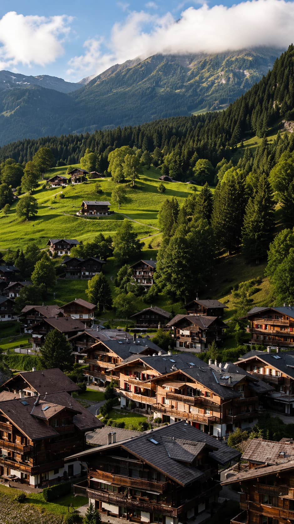 Cluster of wooden chalets on a green hillside below forested mountain slopes in Grindelwald, Switzerland