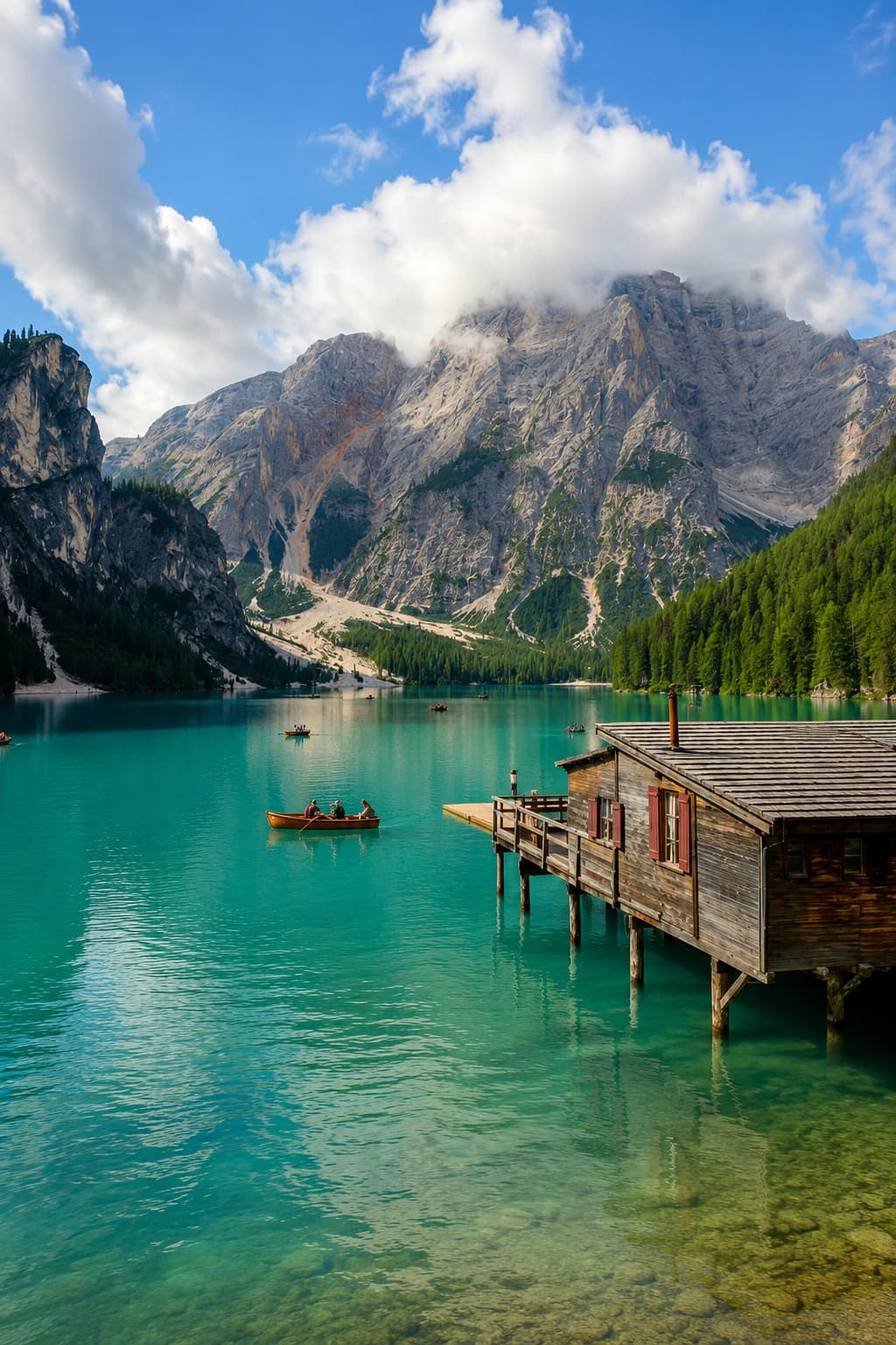 Jagged pale Dolomite spires above a steep pine forest in the Tyrol region near Innsbruck, Austria