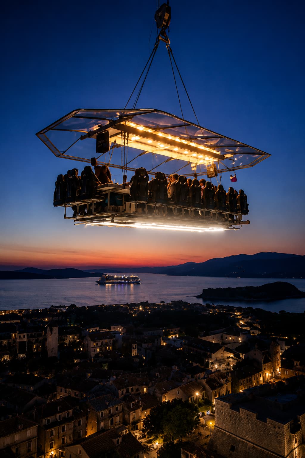 Waterfront restaurant terrace on the Dalmatian coast at golden hour