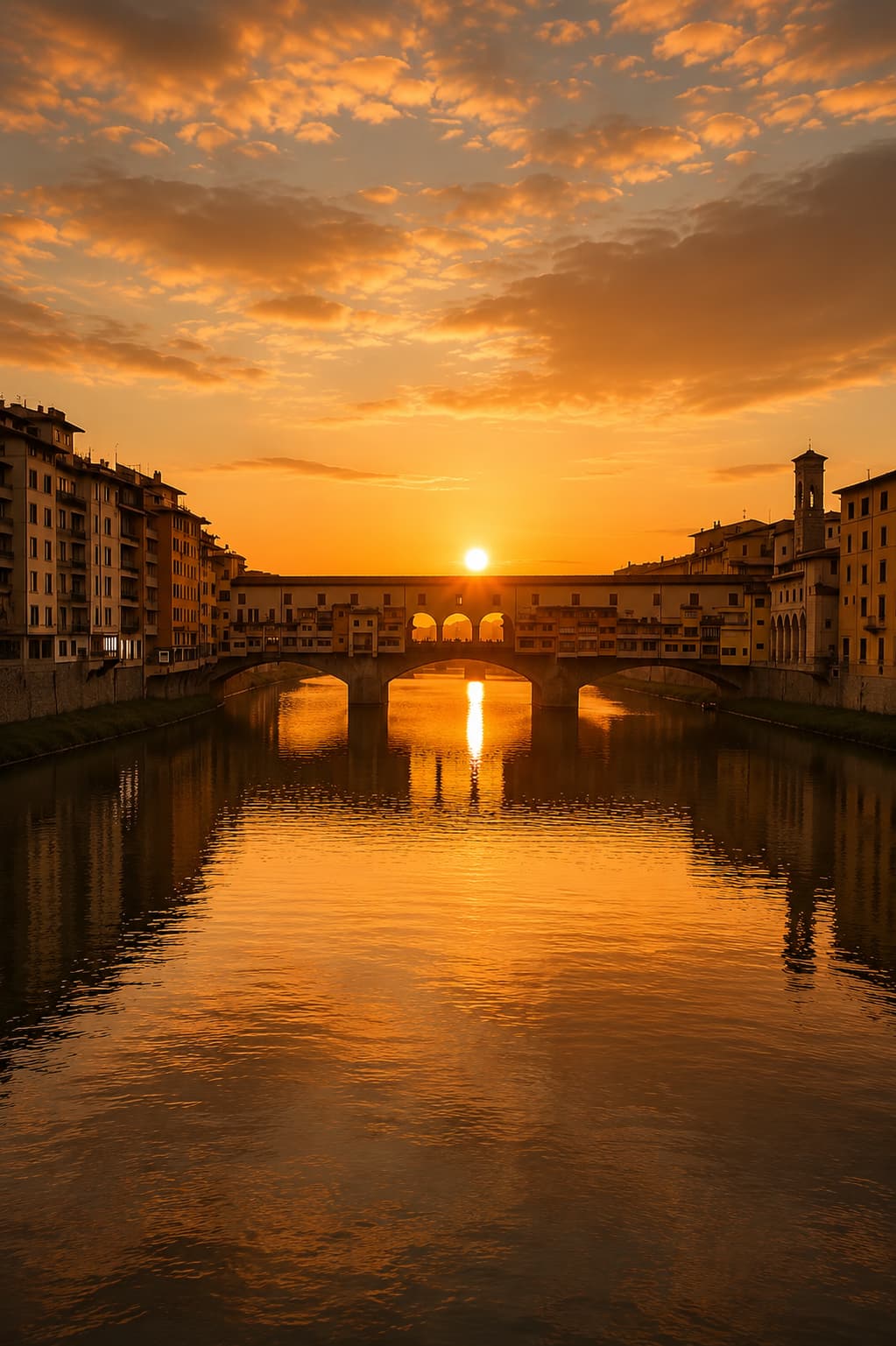 The Ponte Vecchio silhouetted over the Arno at sunset, the sun setting behind its arches and reflecting on the water