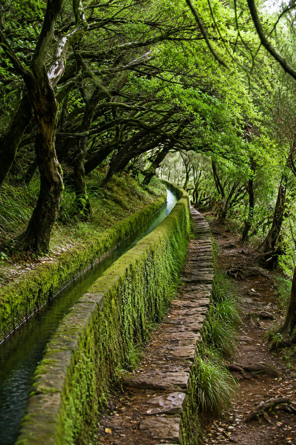 Madeira travel guide — a moss-lined levada walking path through green forest in Madeira, Portugal