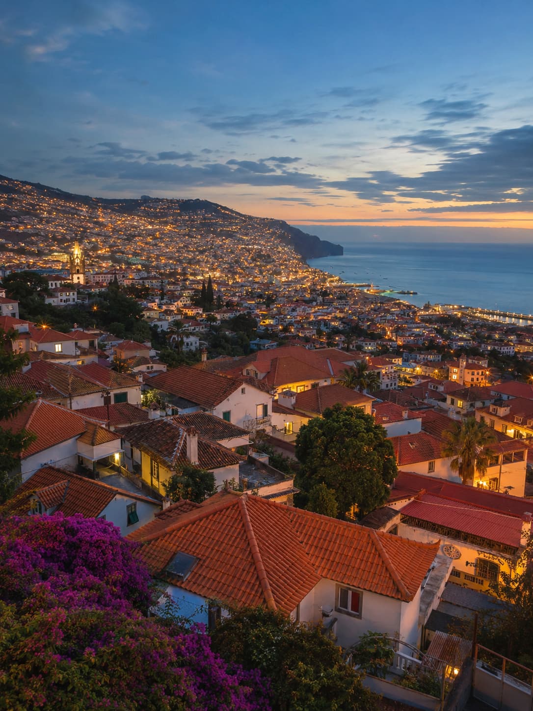 Funchal rooftops and harbour lights at dusk, Madeira, Portugal