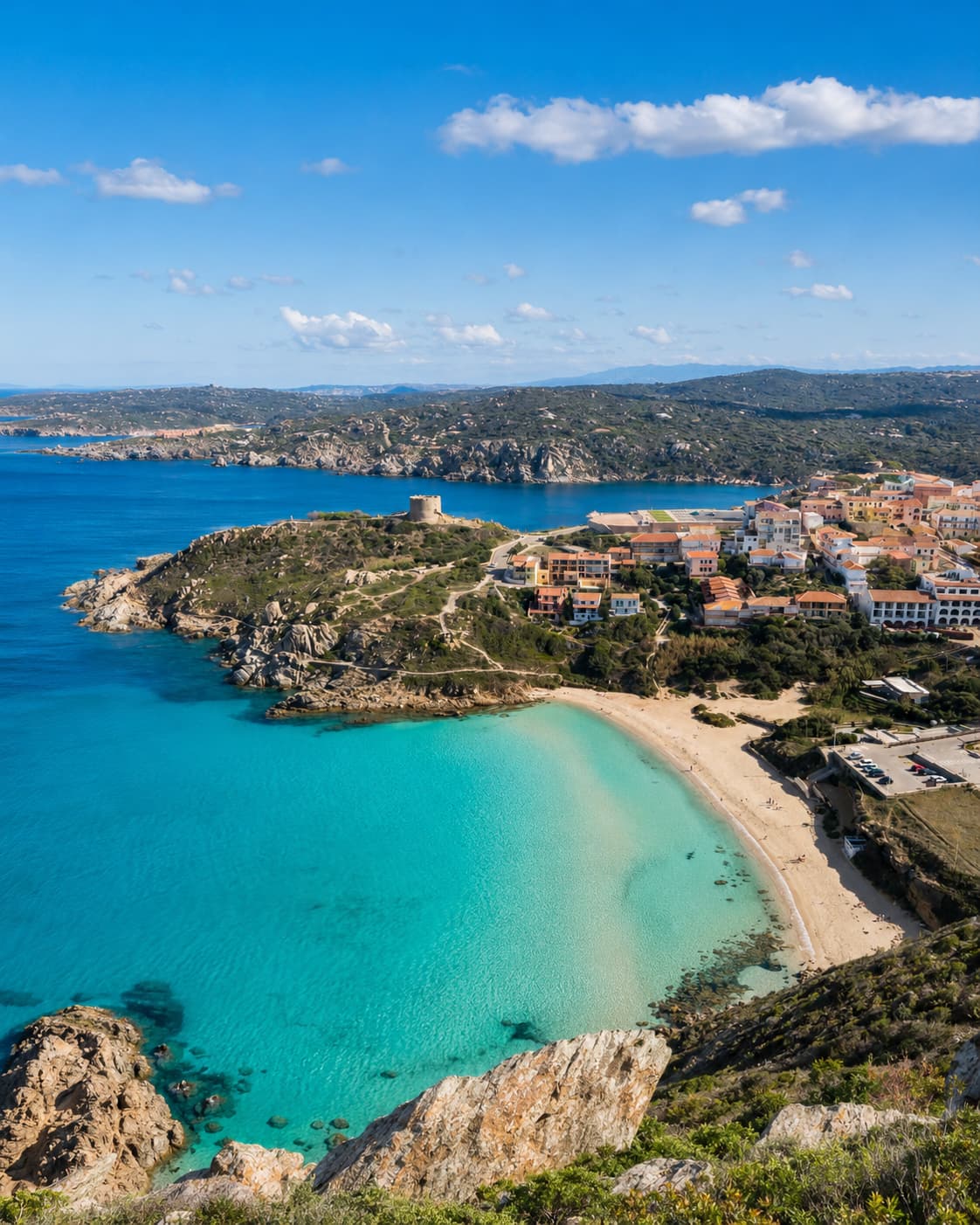 Turquoise bay and white-sand beach below the town and watchtower of Santa Teresa Gallura in northern Sardinia