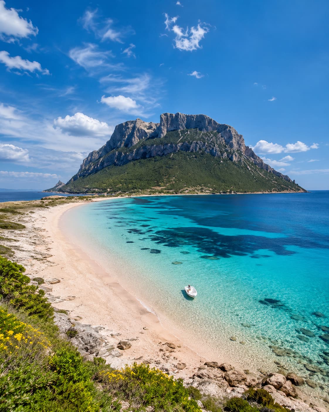 The limestone mass of Tavolara island rising above a curved white-sand beach and clear turquoise water in northern Sardinia