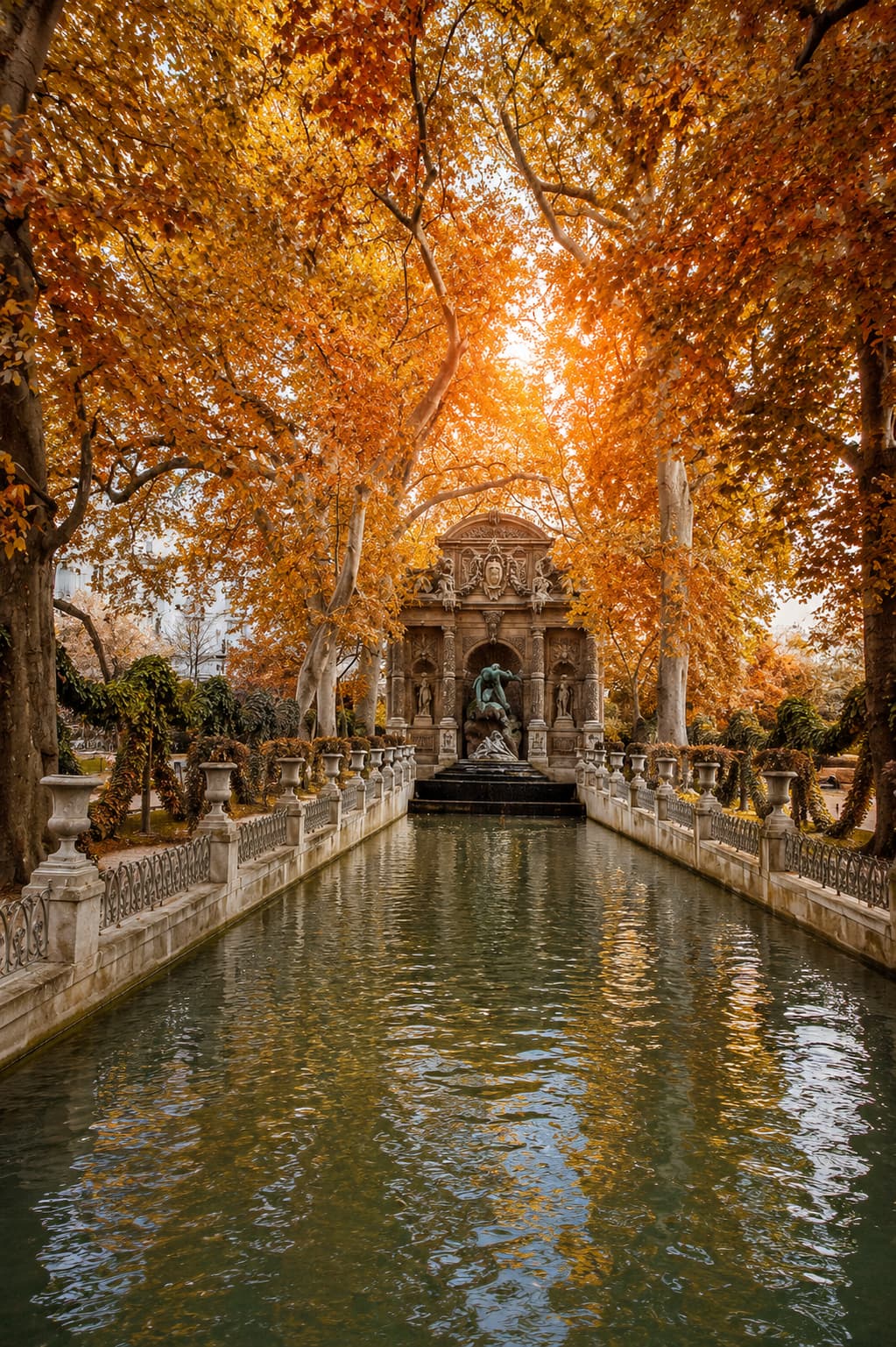 Best time to visit Paris in fall: autumn color around the Medici Fountain in the Jardin du Luxembourg