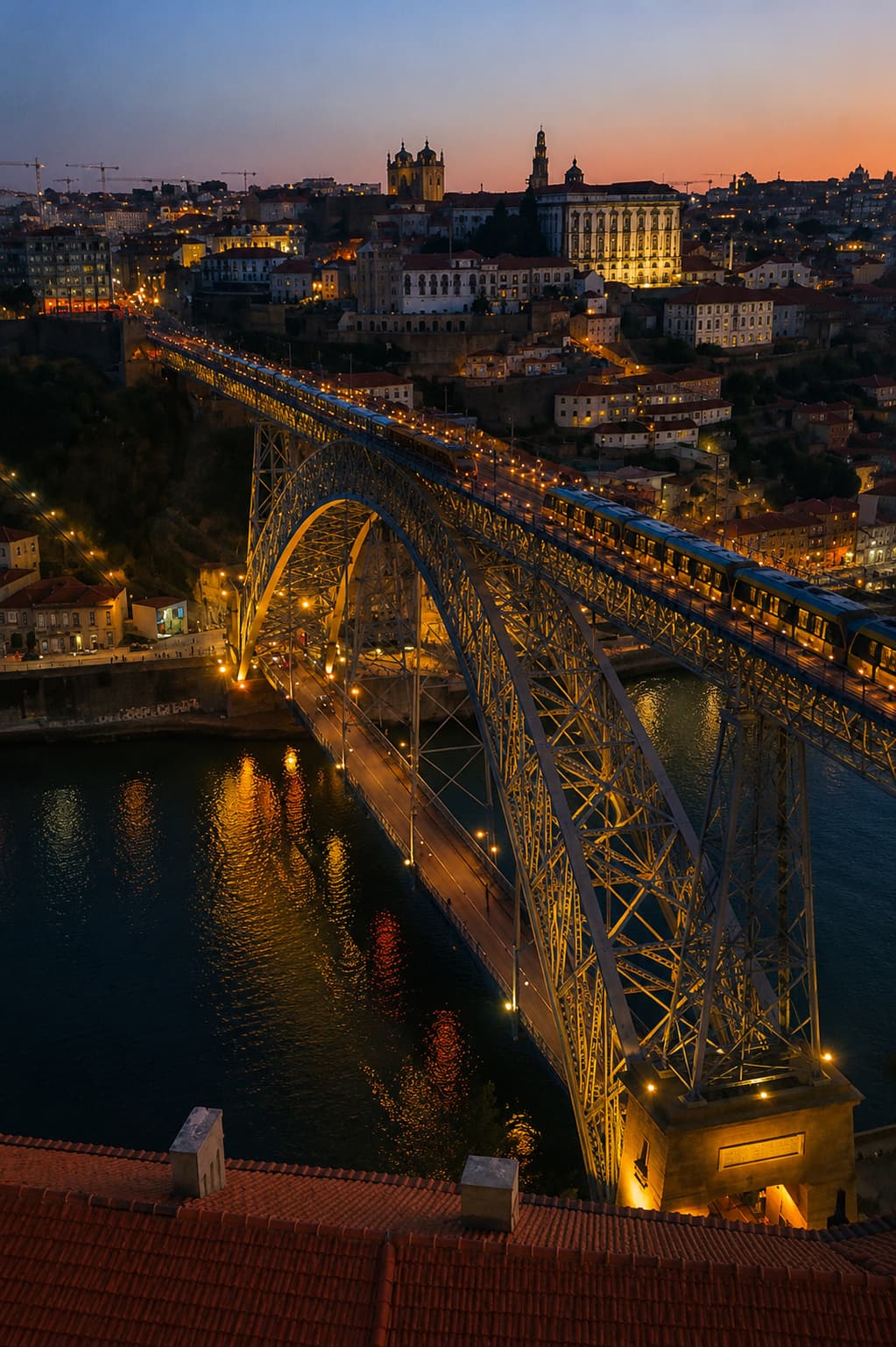 Dom Luís I bridge lit at dusk over the Douro, a closing image for a 3 days in Porto itinerary