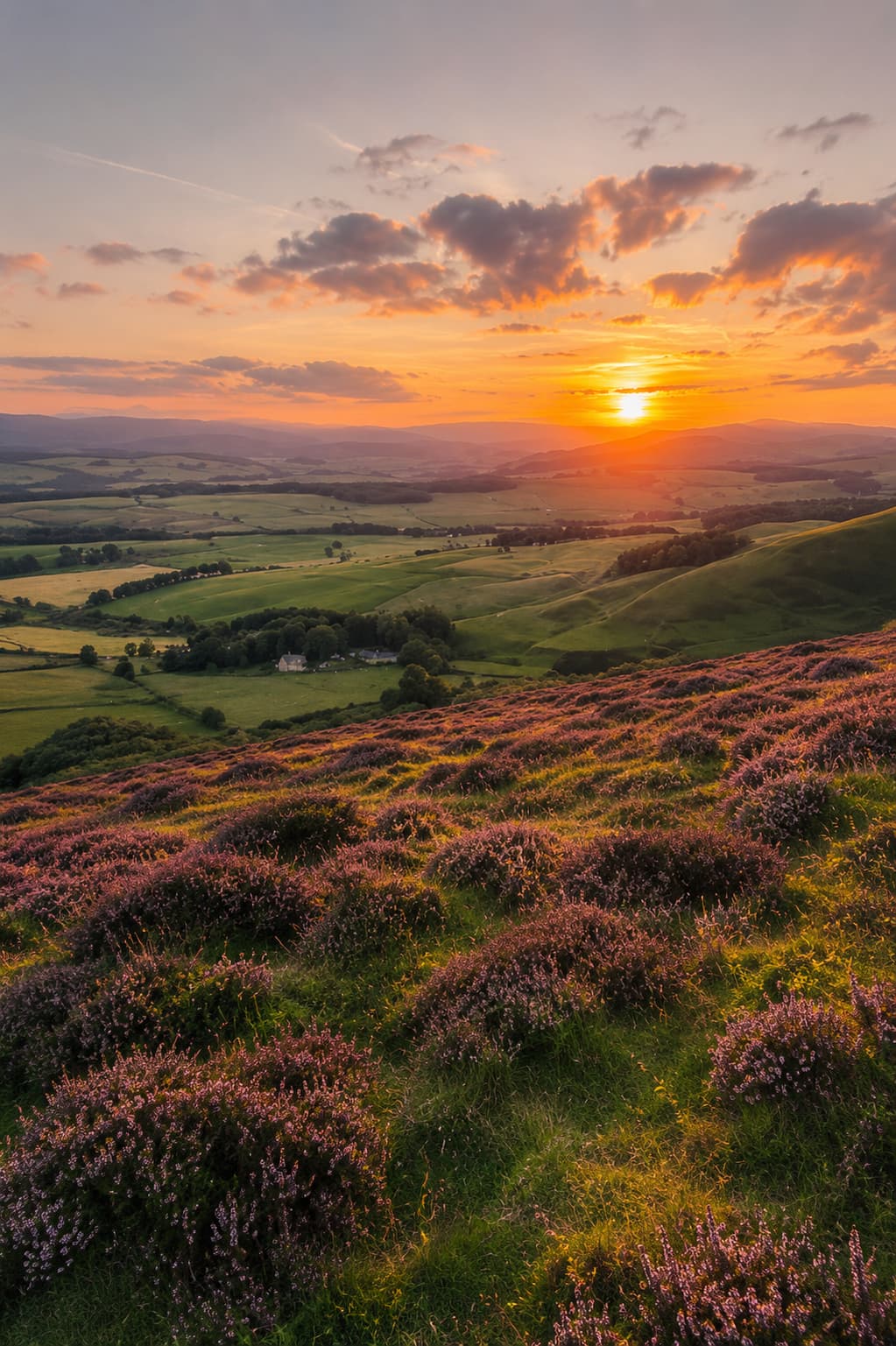 Purple heather on rolling hills at sunset in the Scottish Highlands