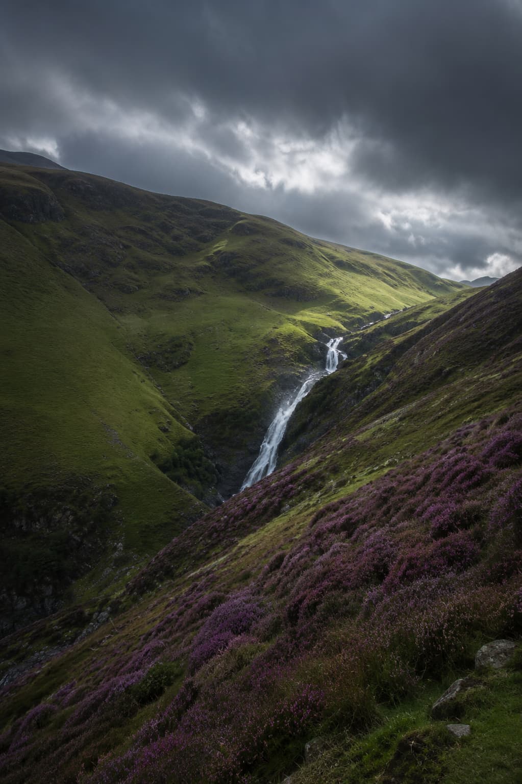 A waterfall tumbling between green slopes and purple heather under stormy skies in the Scottish Highlands
