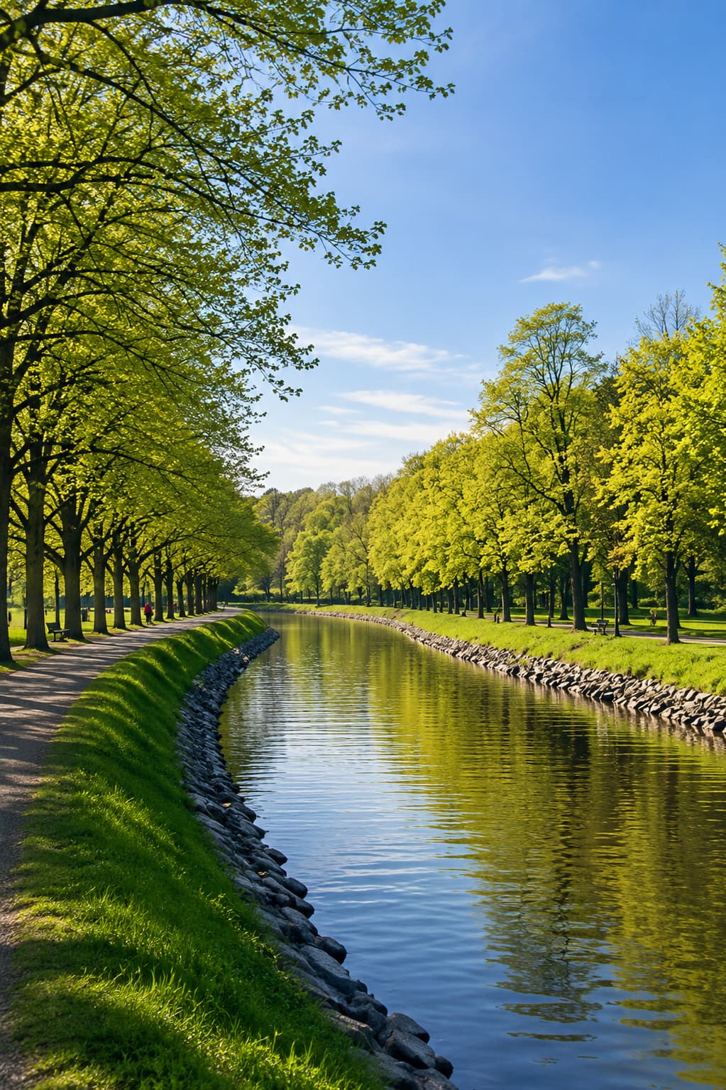 Tree-lined canal path in spring with green foliage and still water