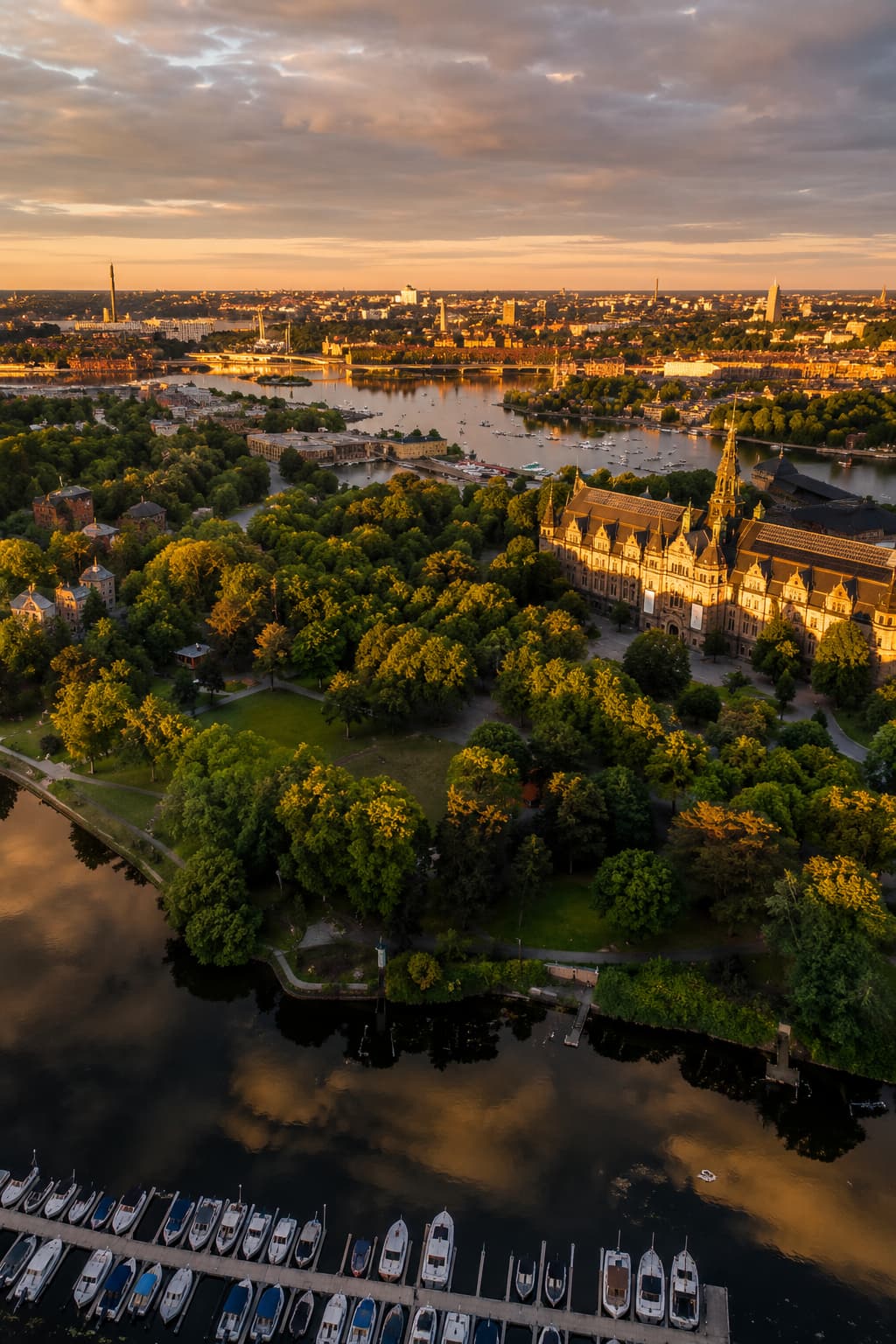 Aerial view of Djurgården island and Stockholm waterways at golden hour